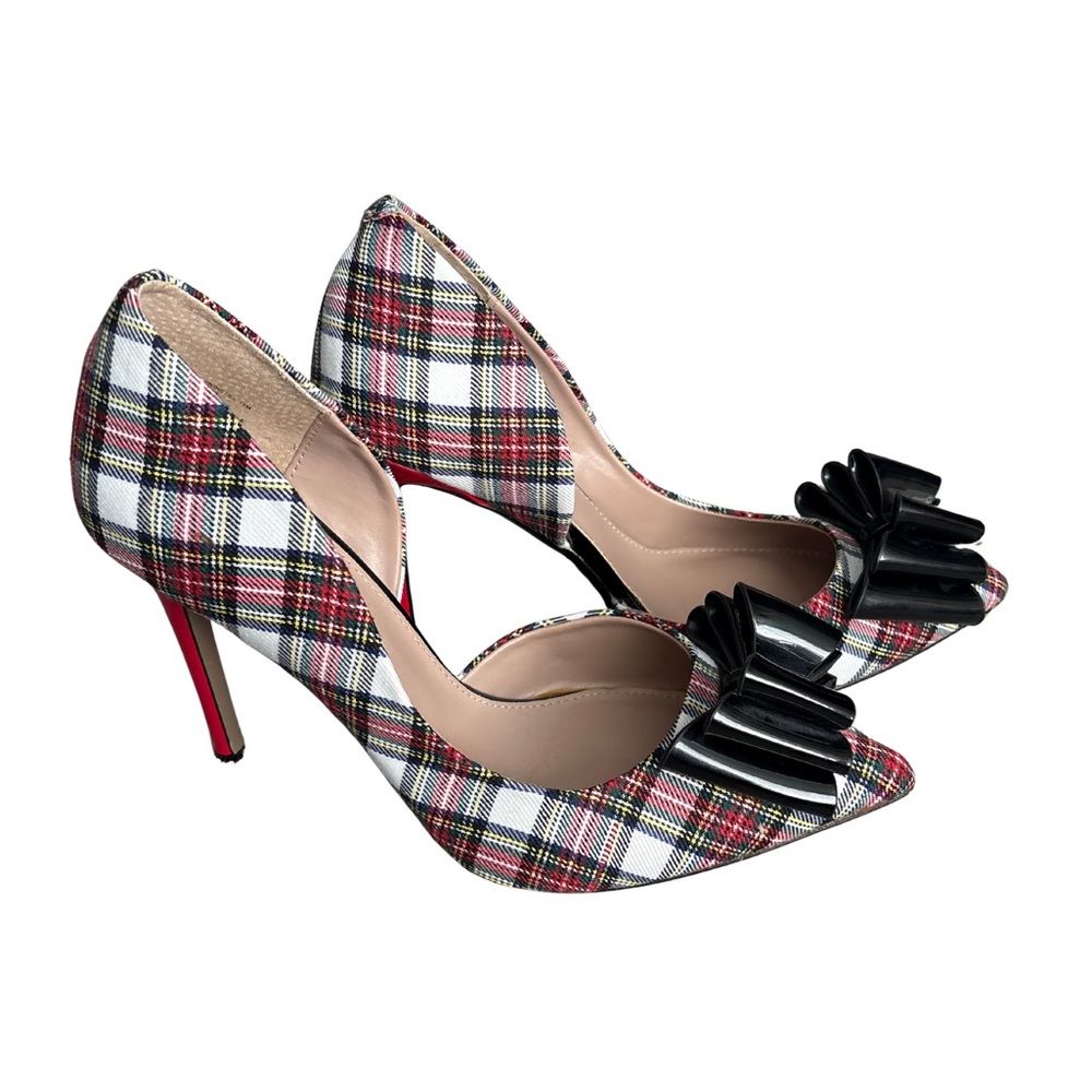 Betsey Johnson Prince D’orsay Pumps In White Plaid Patent Leather Bow Size 11